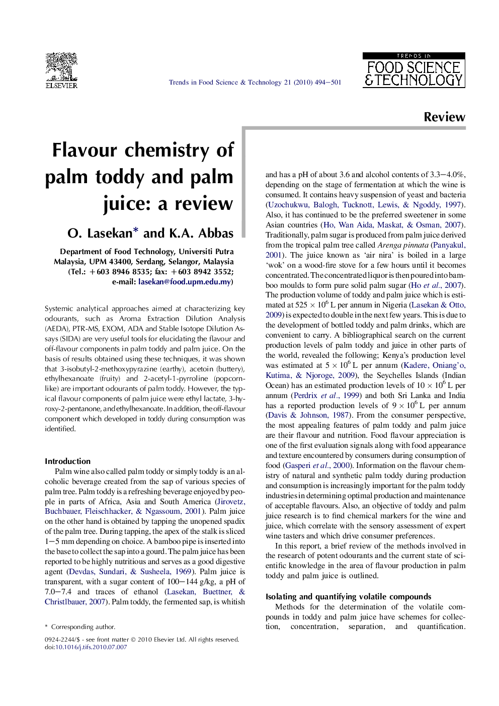 Flavour chemistry of palm toddy and palm juice: a review