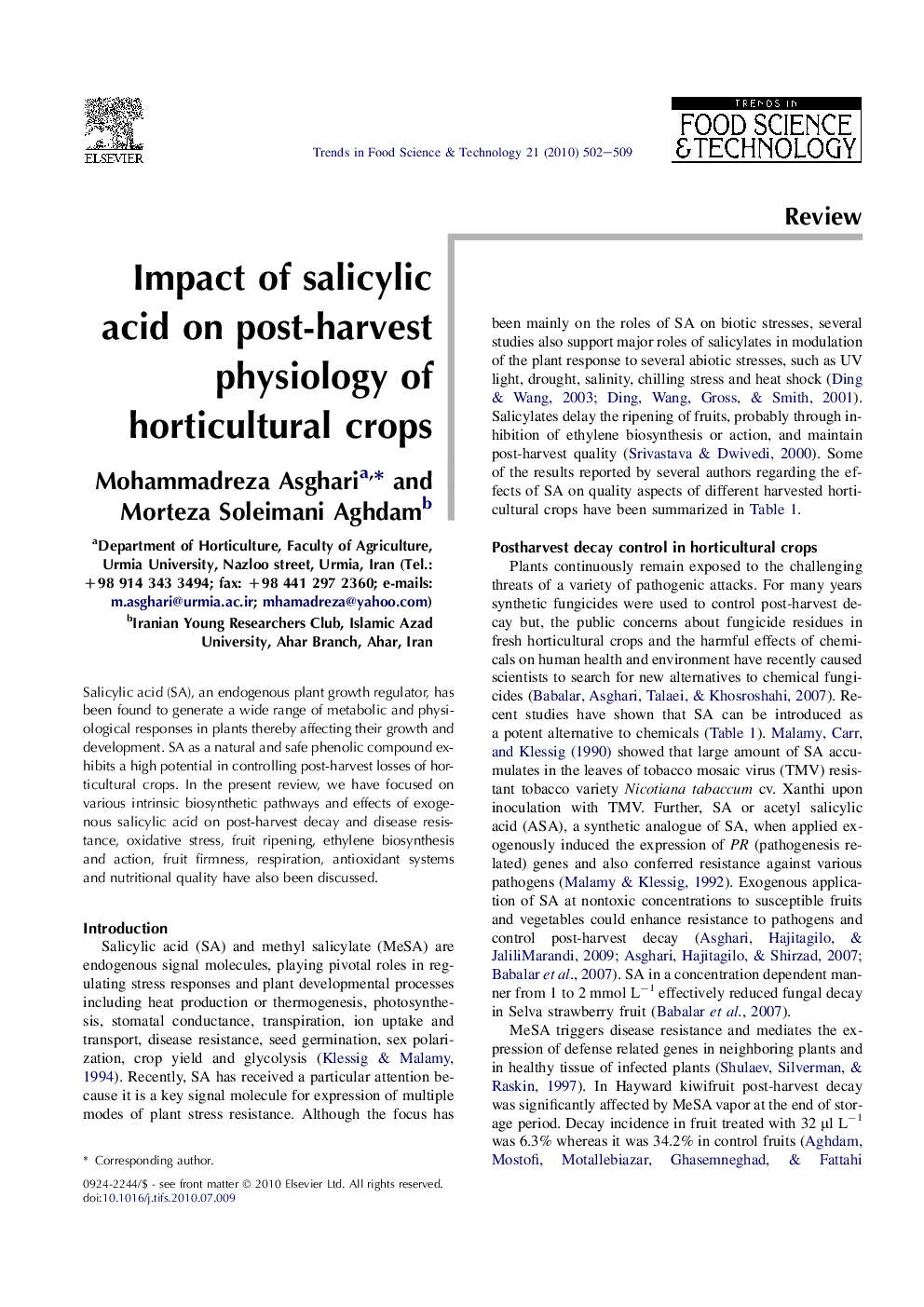 Impact of salicylic acid on post-harvest physiology of horticultural crops