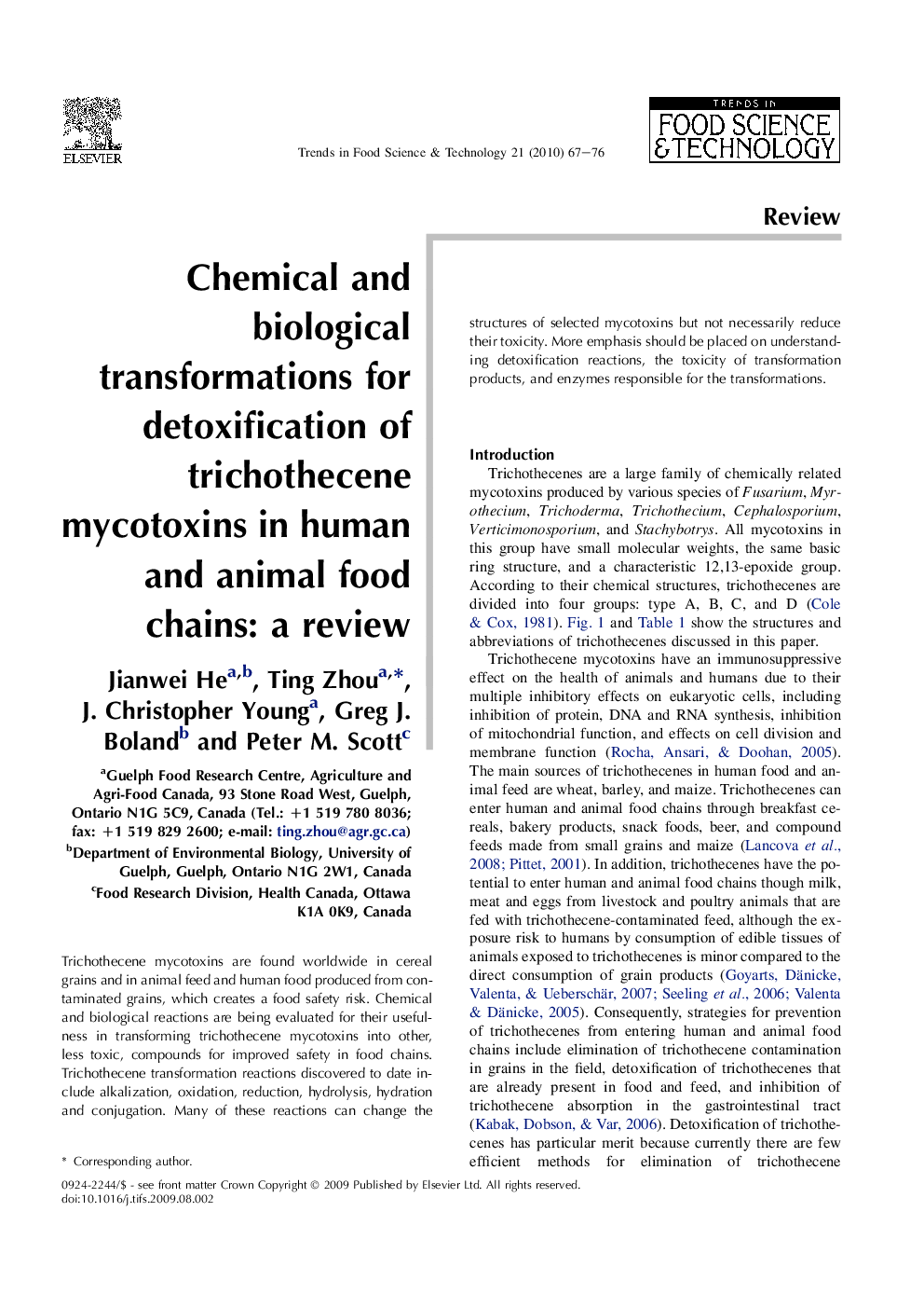 Chemical and biological transformations for detoxification of trichothecene mycotoxins in human and animal food chains: a review