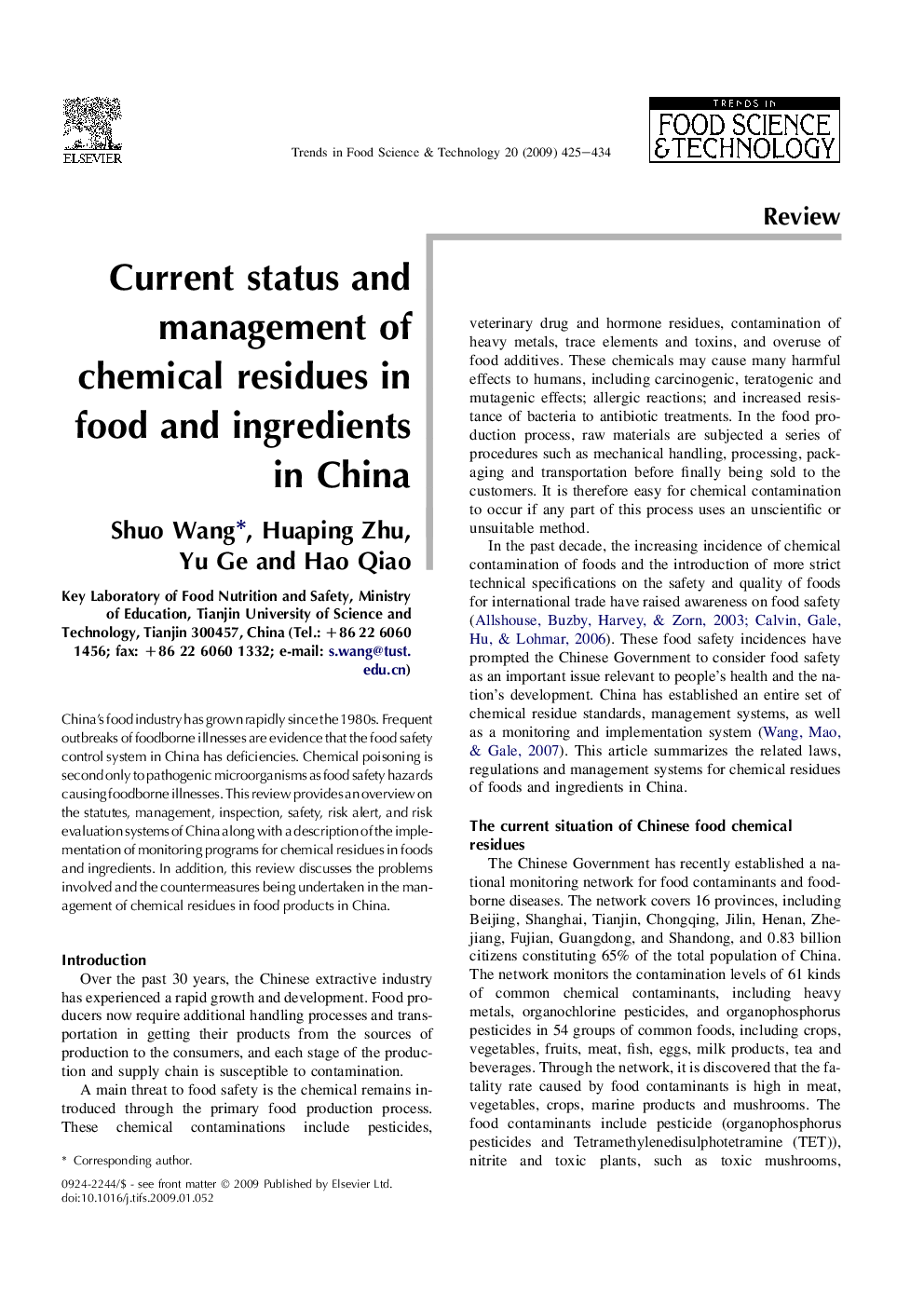 Current status and management of chemical residues in food and ingredients in China