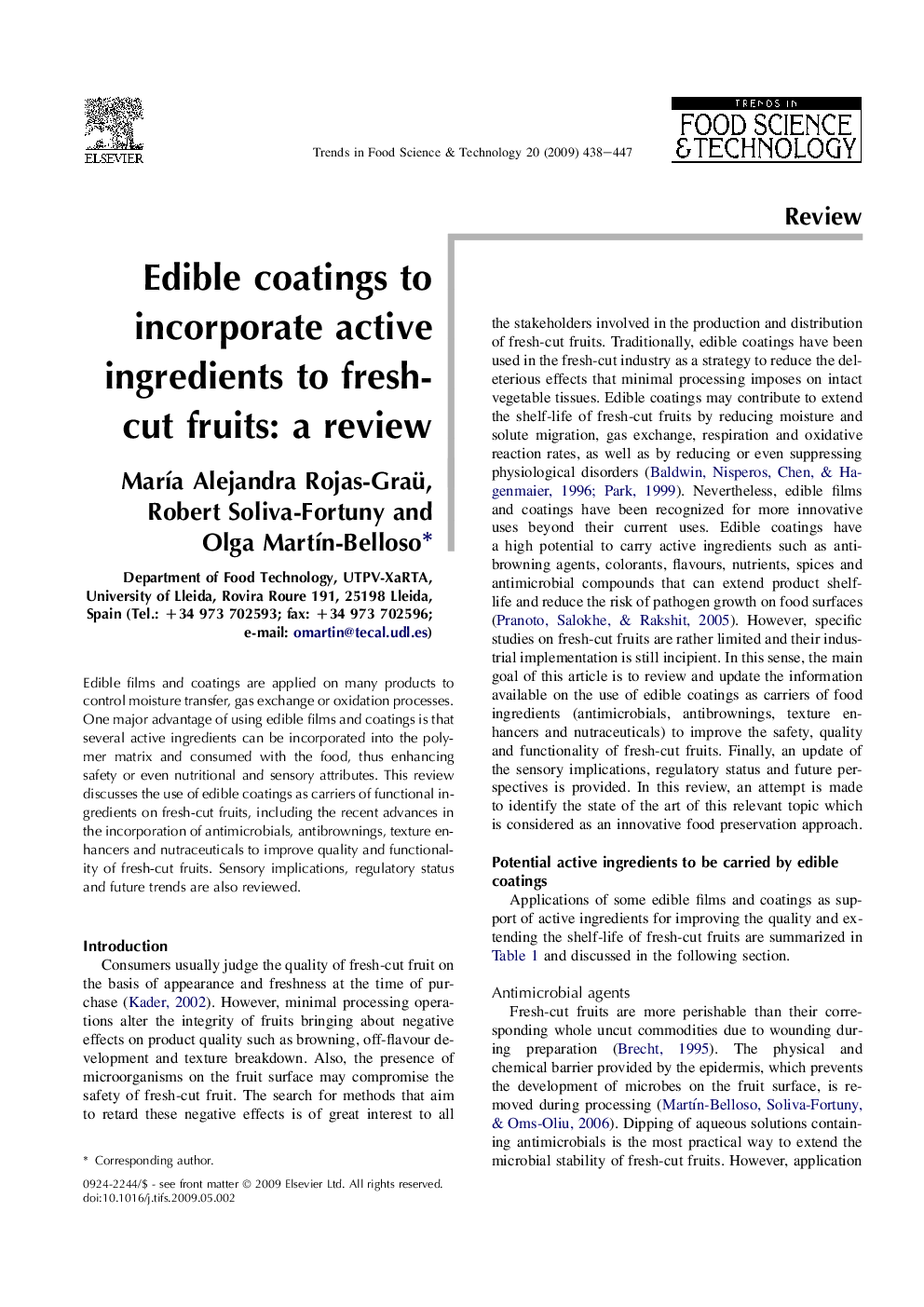 Edible coatings to incorporate active ingredients to fresh-cut fruits: a review