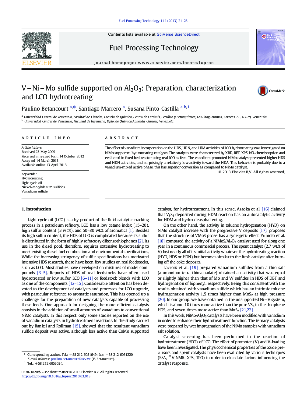 V–Ni–Mo sulfide supported on Al2O3: Preparation, characterization and LCO hydrotreating