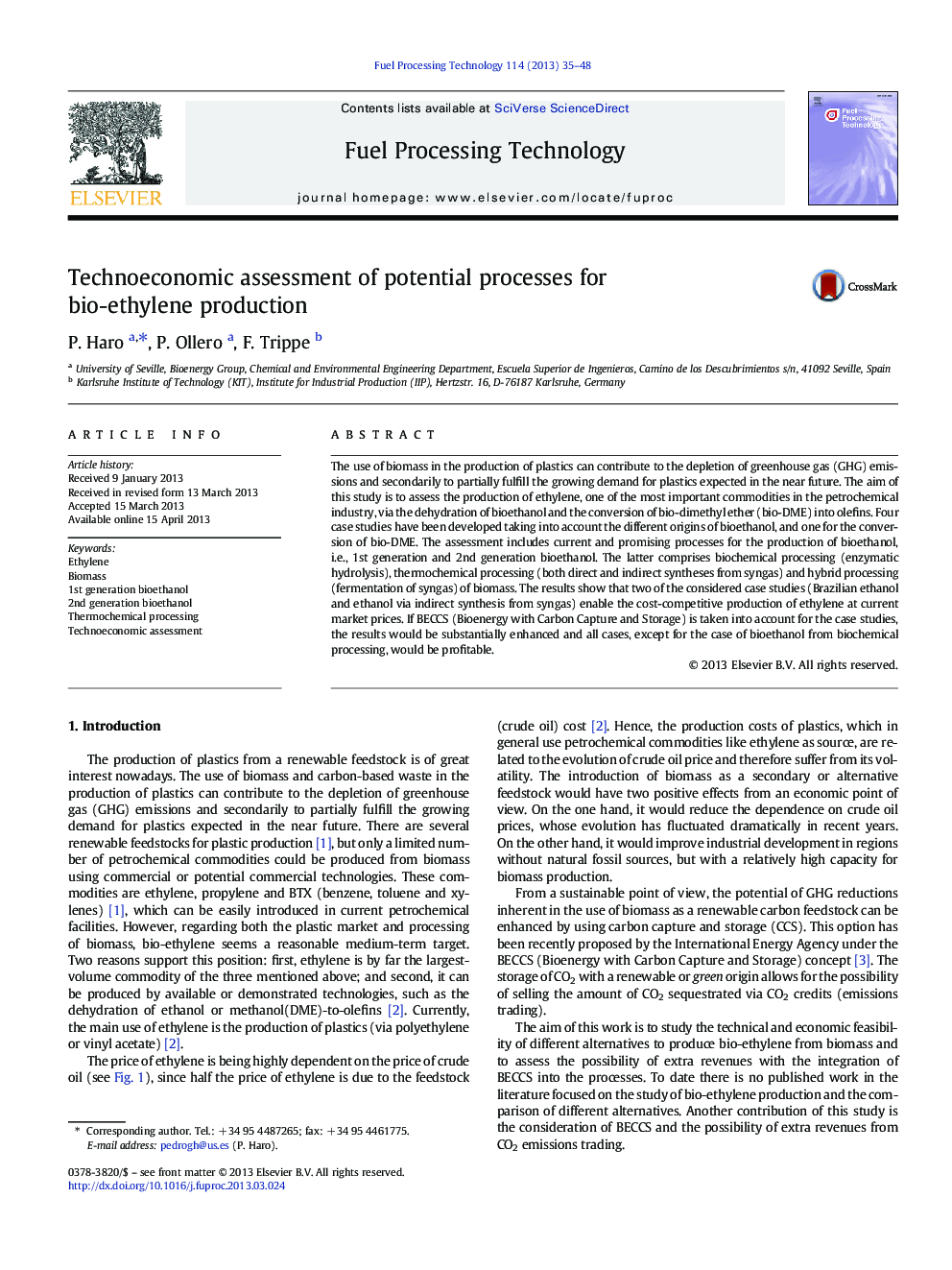 Technoeconomic assessment of potential processes for bio-ethylene production