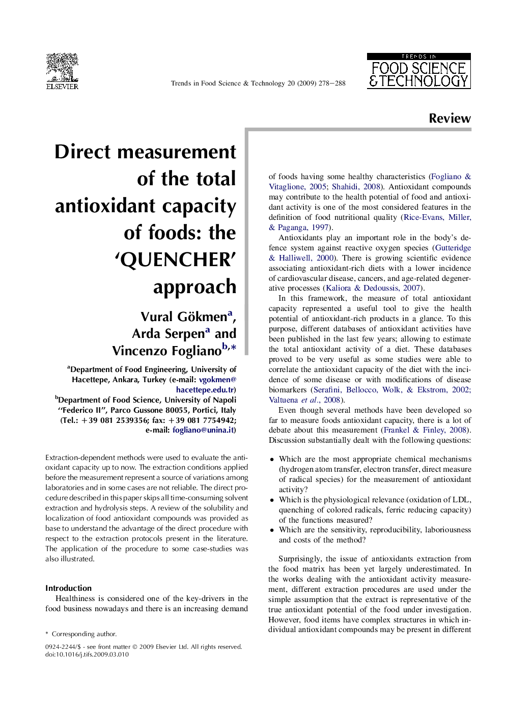 Direct measurement of the total antioxidant capacity of foods: the ‘QUENCHER’ approach