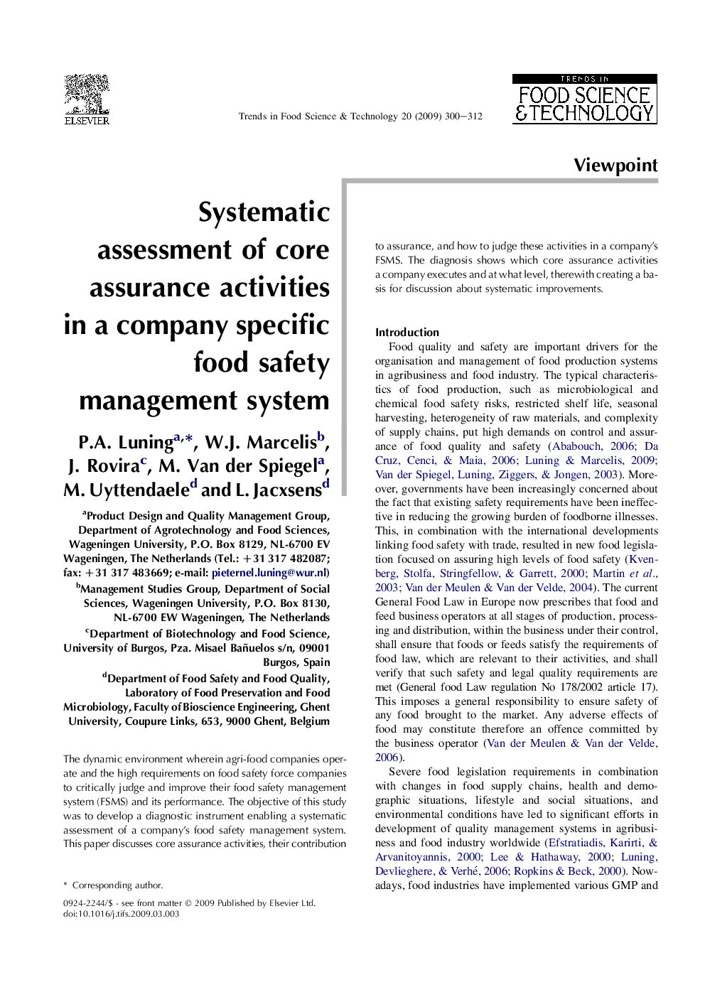 Systematic assessment of core assurance activities in a company specific food safety management system
