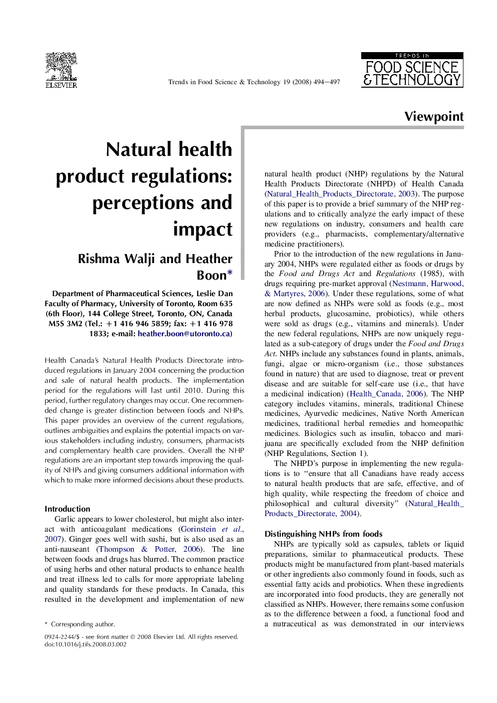 Natural health product regulations: perceptions and impact