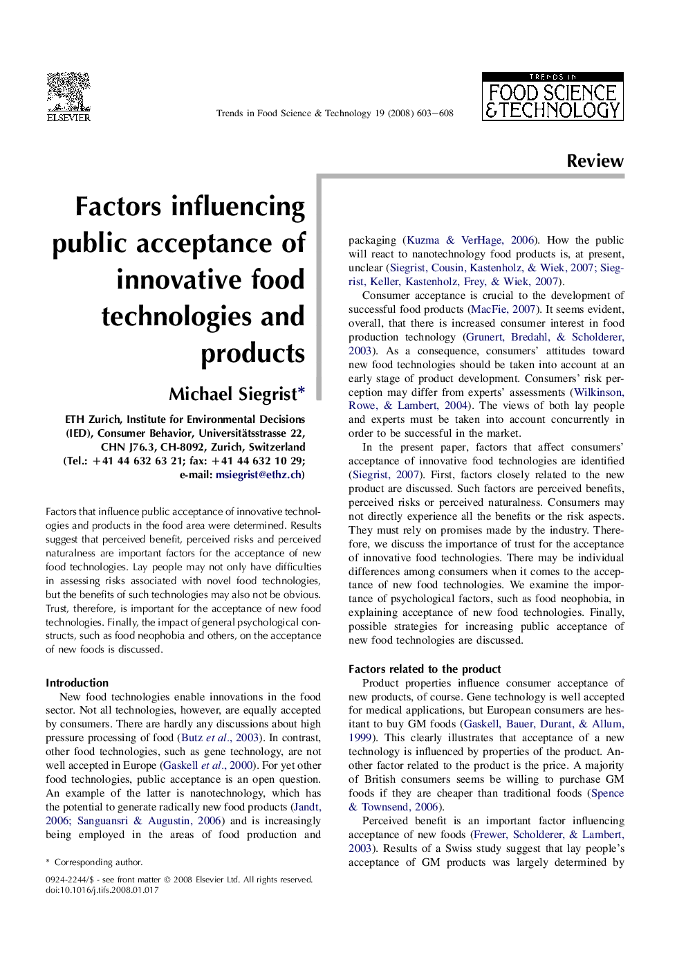 Factors influencing public acceptance of innovative food technologies and products