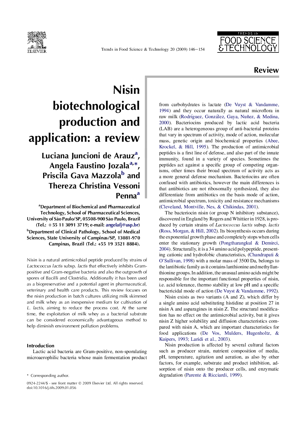 Nisin biotechnological production and application: a review