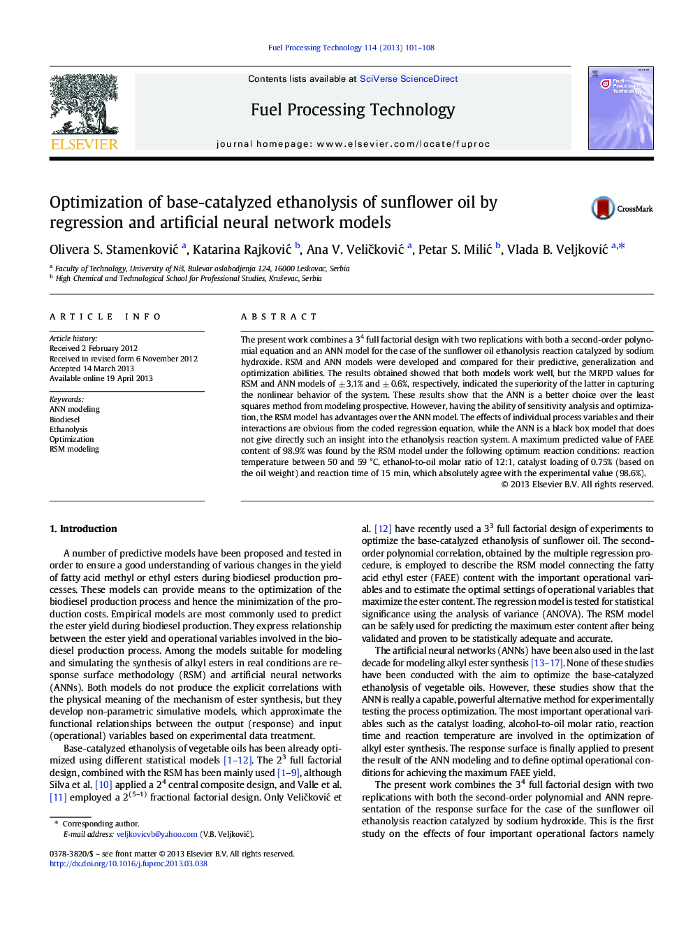 Optimization of base-catalyzed ethanolysis of sunflower oil by regression and artificial neural network models