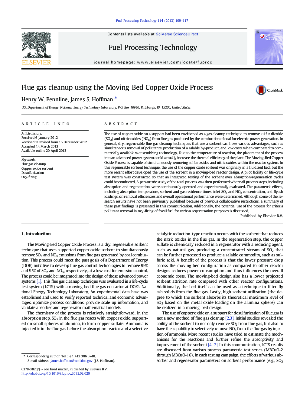 Flue gas cleanup using the Moving-Bed Copper Oxide Process