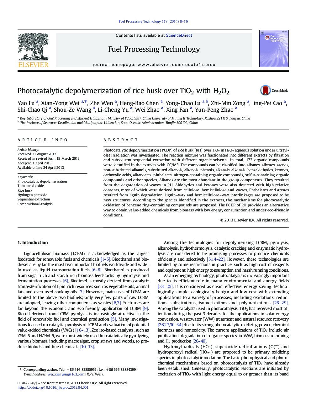 Photocatalytic depolymerization of rice husk over TiO2 with H2O2