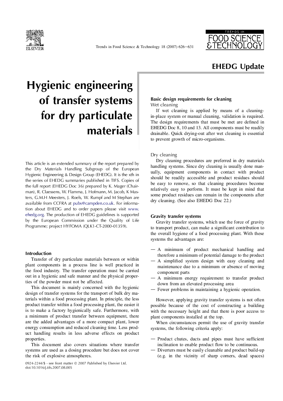 Hygienic engineering of transfer systems for dry particulate materials