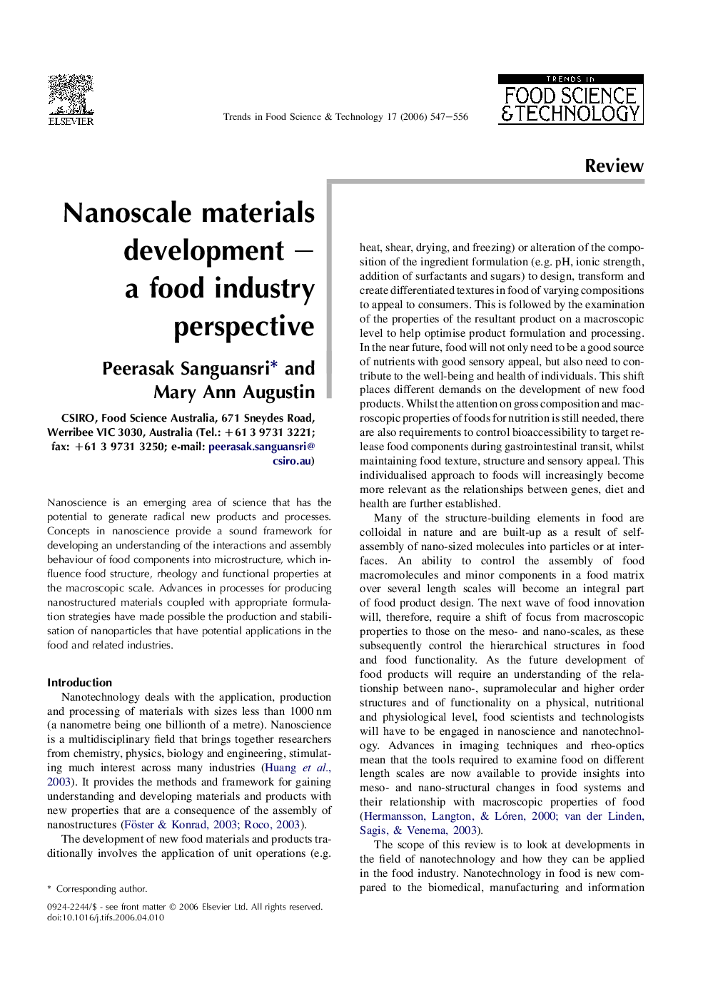 Nanoscale materials development – a food industry perspective