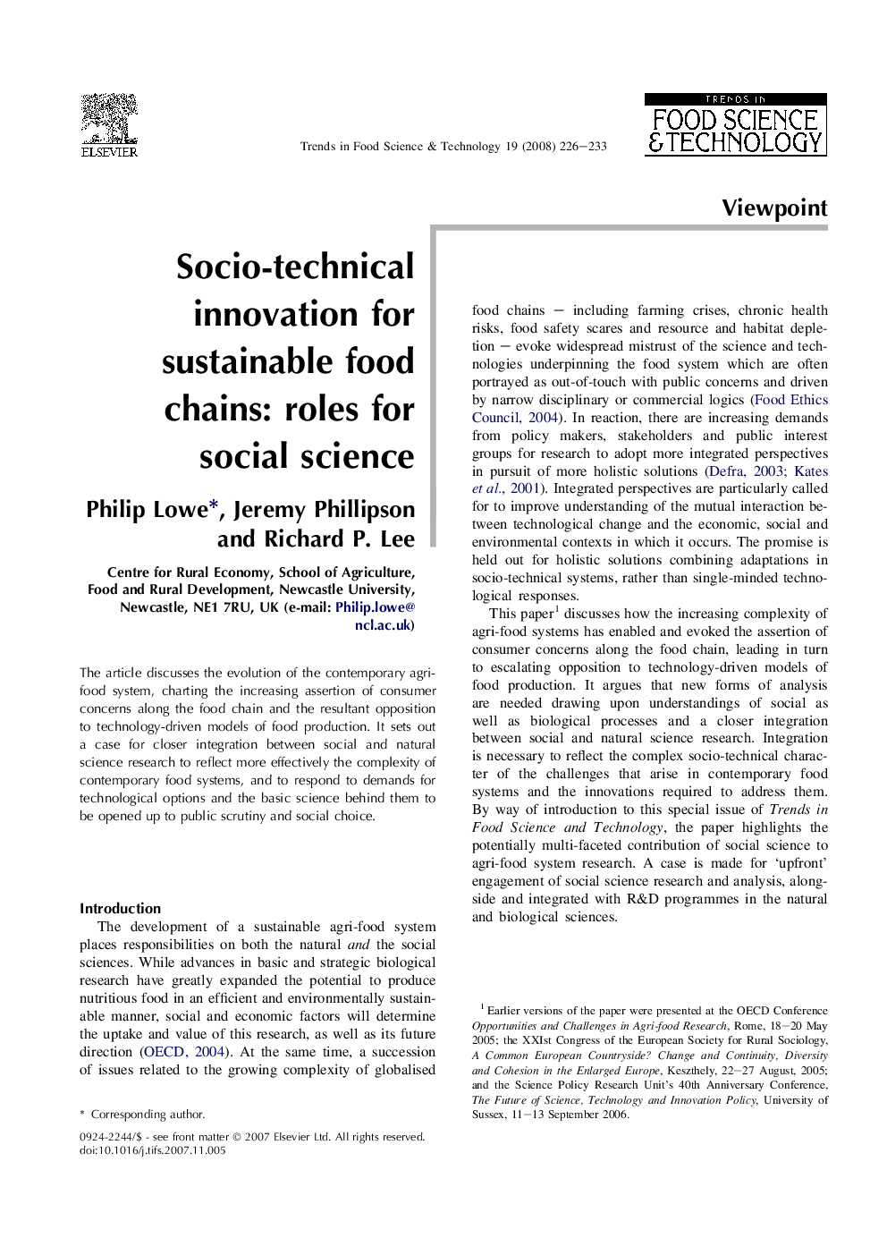 Socio-technical innovation for sustainable food chains: roles for social science