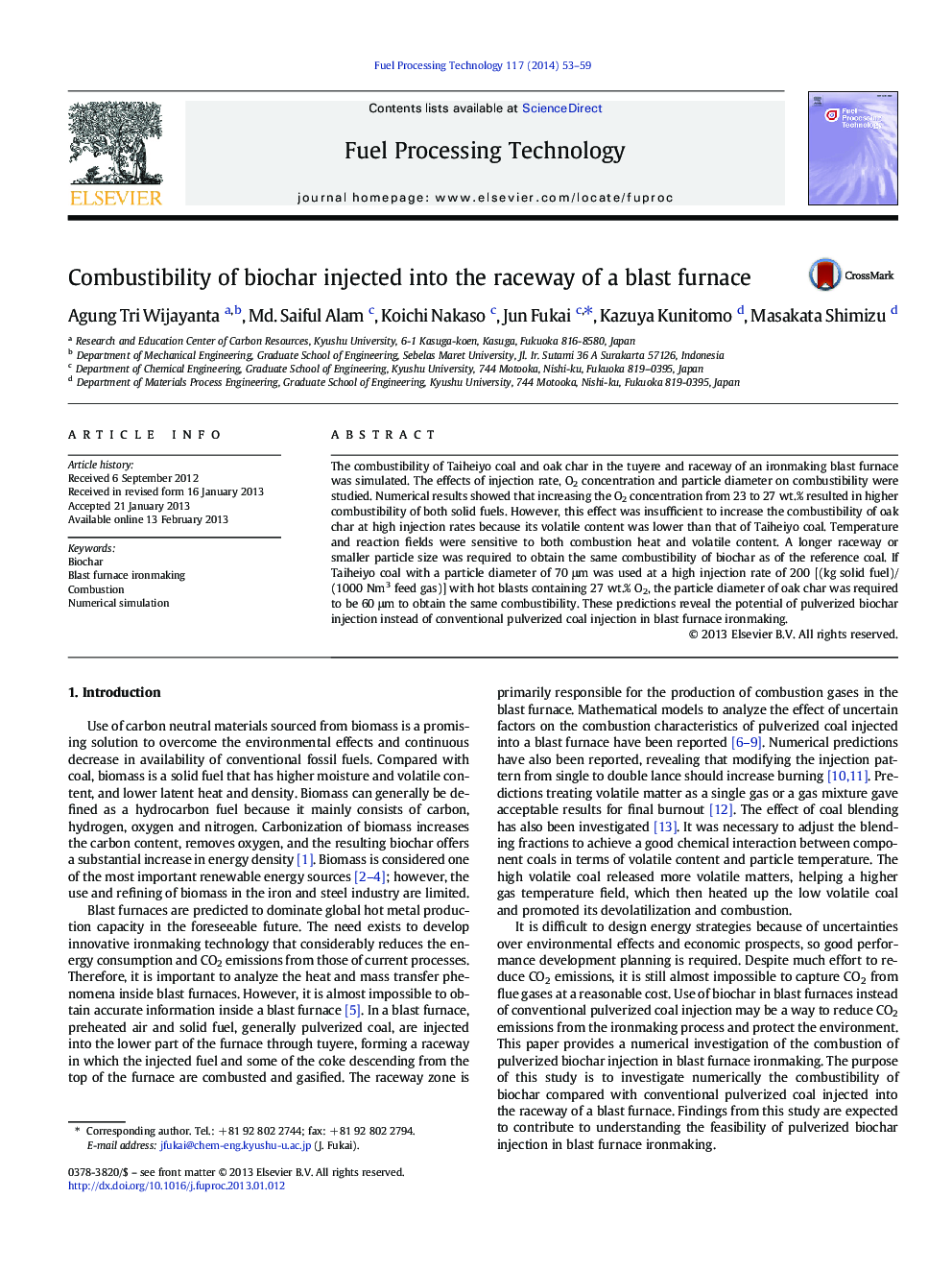 Combustibility of biochar injected into the raceway of a blast furnace