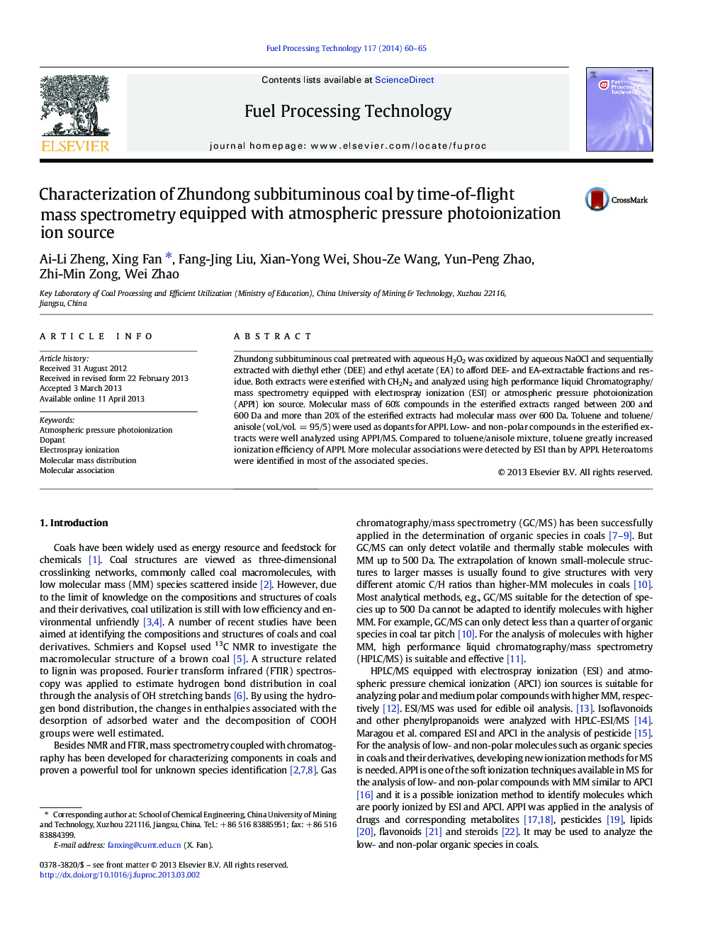 Characterization of Zhundong subbituminous coal by time-of-flight mass spectrometry equipped with atmospheric pressure photoionization ion source