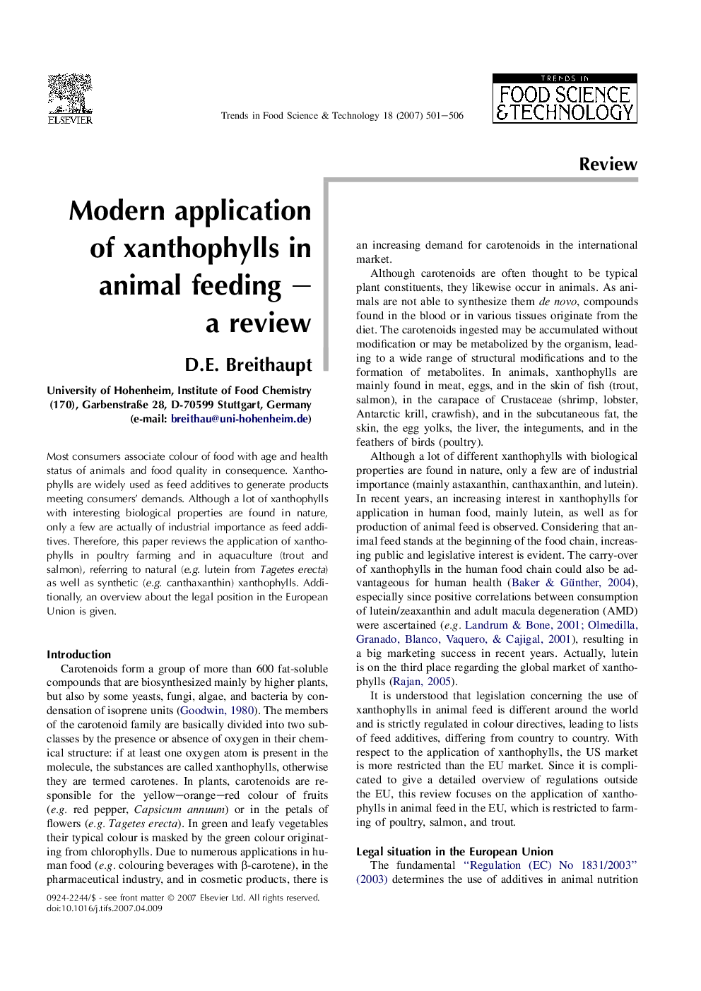 Modern application of xanthophylls in animal feeding – a review