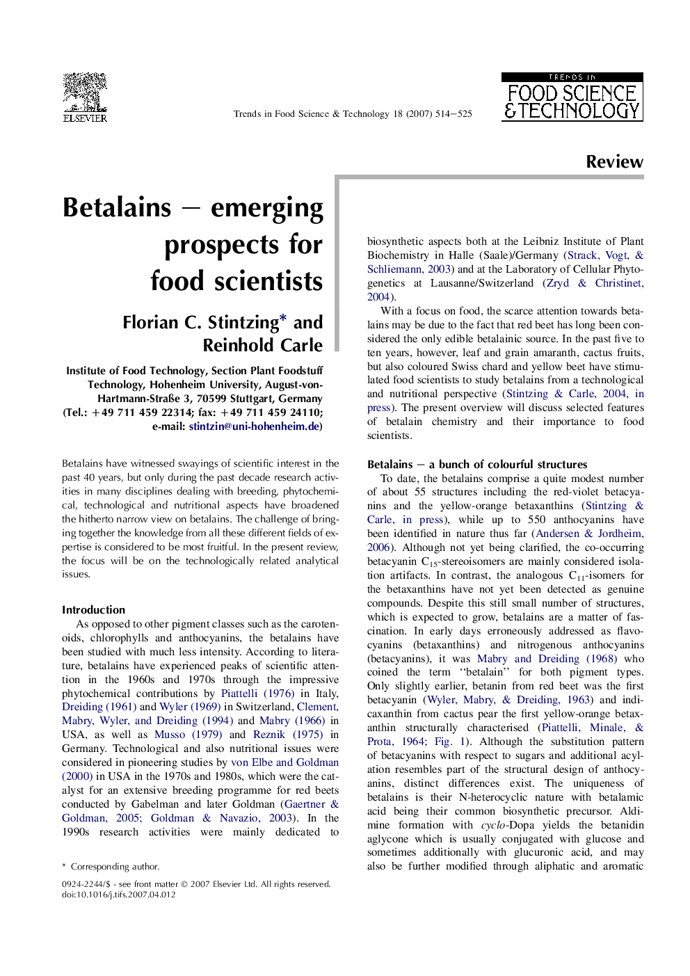 Betalains – emerging prospects for food scientists