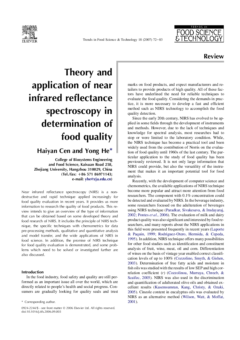 Theory and application of near infrared reflectance spectroscopy in determination of food quality