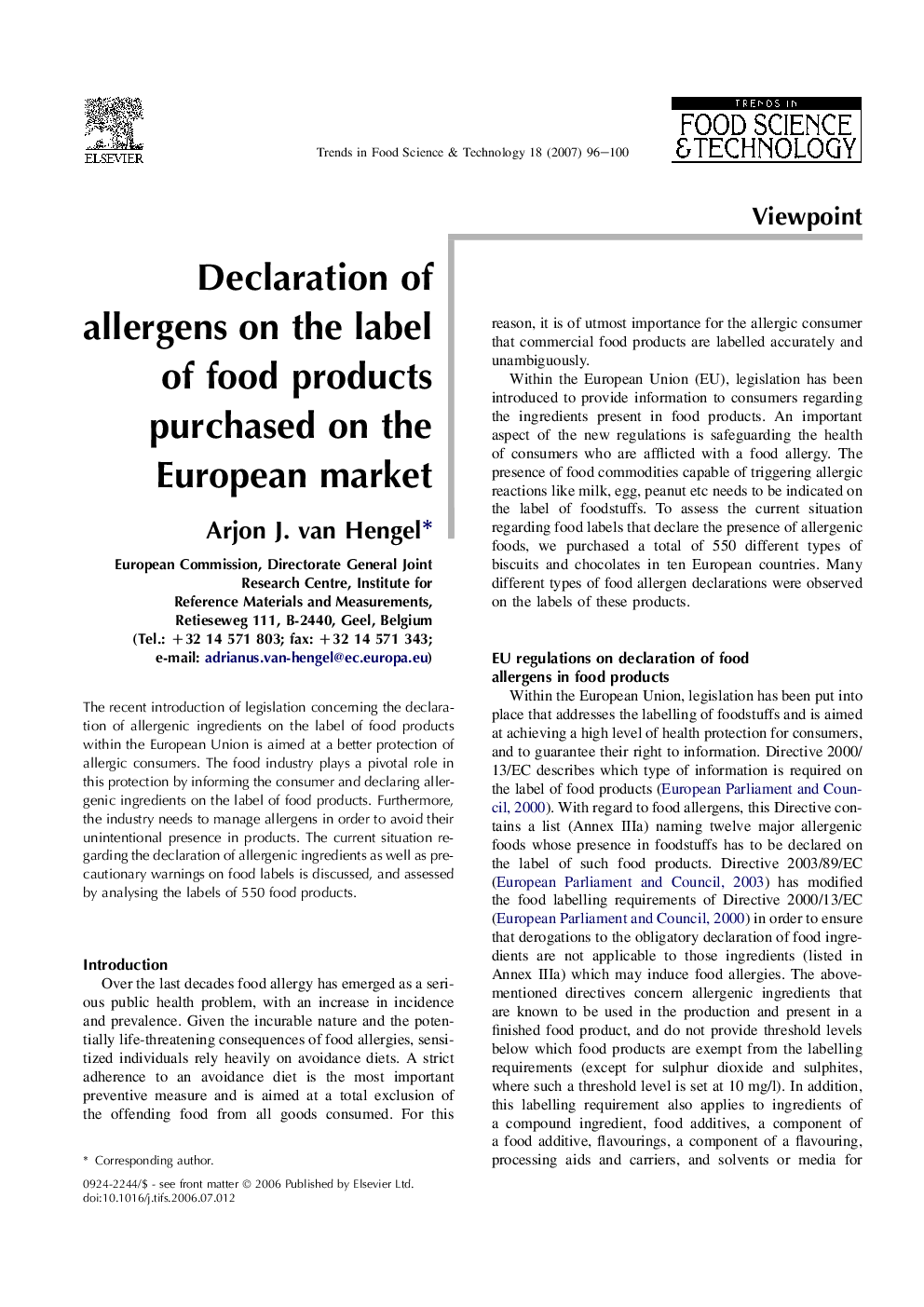 Declaration of allergens on the label of food products purchased on the European market