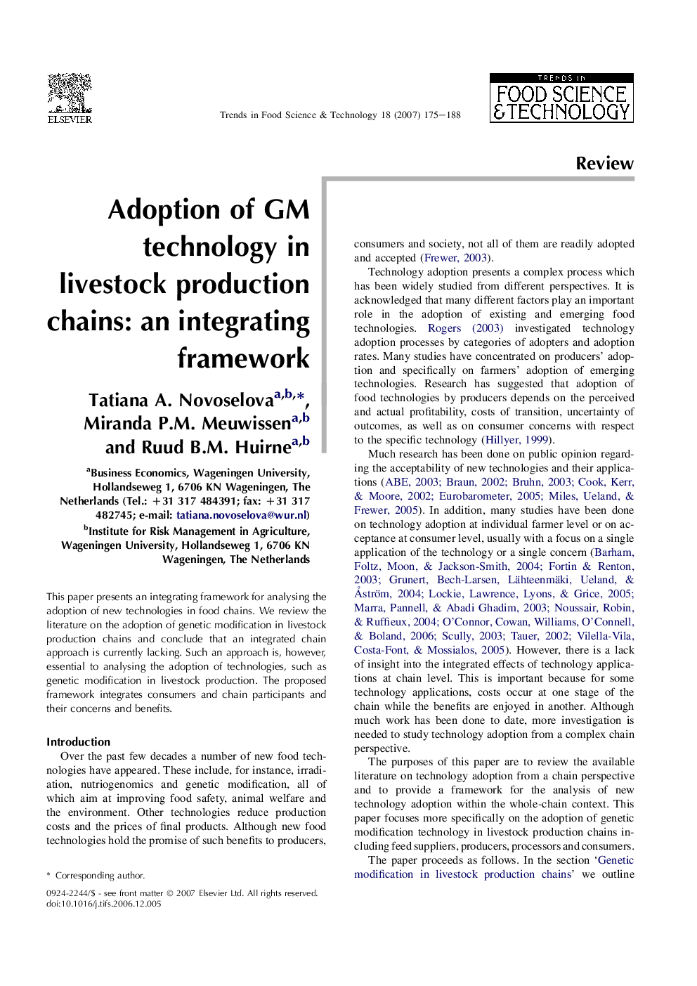 Adoption of GM technology in livestock production chains: an integrating framework