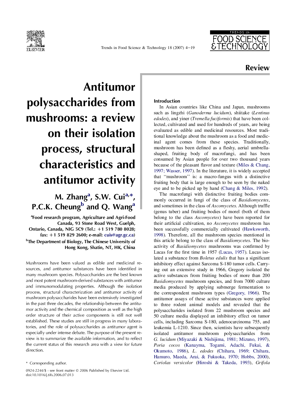 Antitumor polysaccharides from mushrooms: a review on their isolation process, structural characteristics and antitumor activity