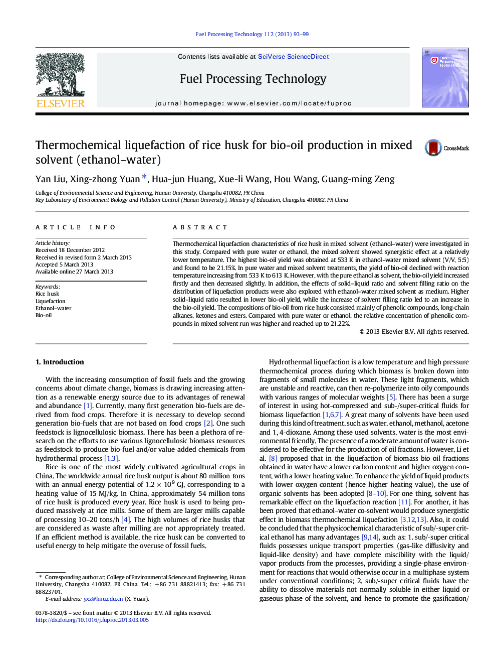 Thermochemical liquefaction of rice husk for bio-oil production in mixed solvent (ethanol–water)