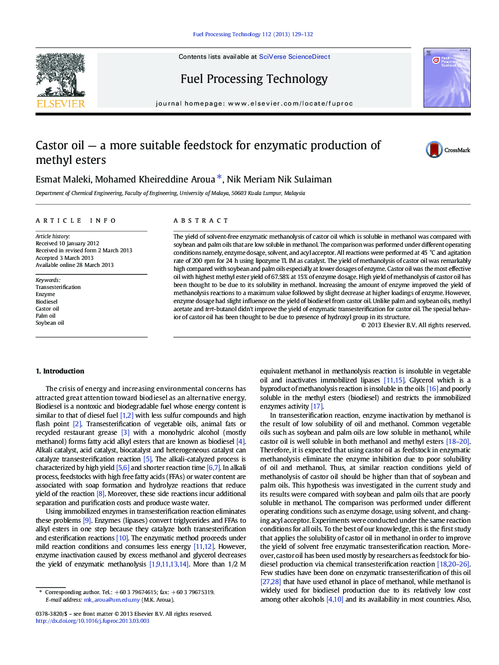 Castor oil — a more suitable feedstock for enzymatic production of methyl esters