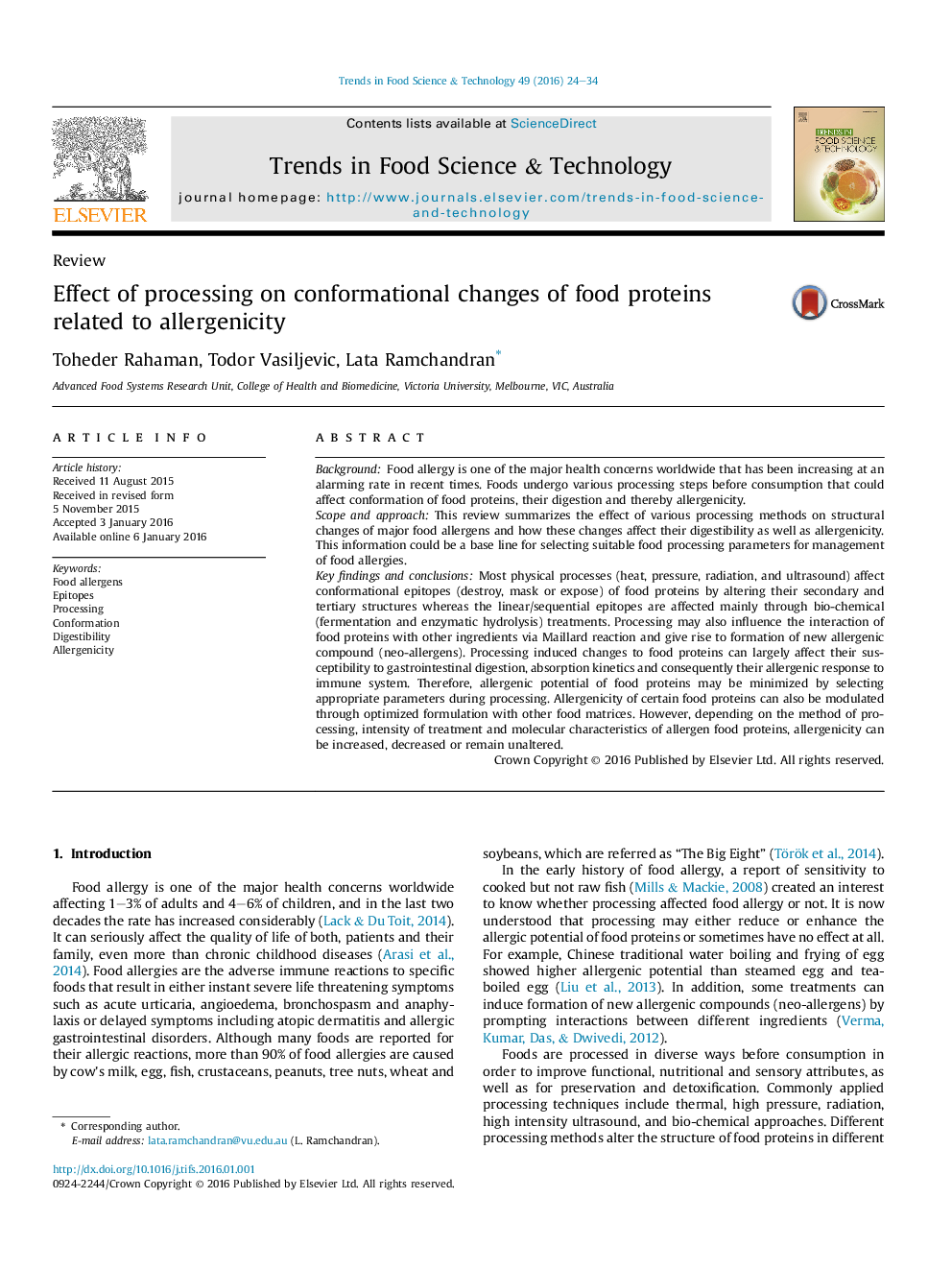 Effect of processing on conformational changes of food proteins related to allergenicity