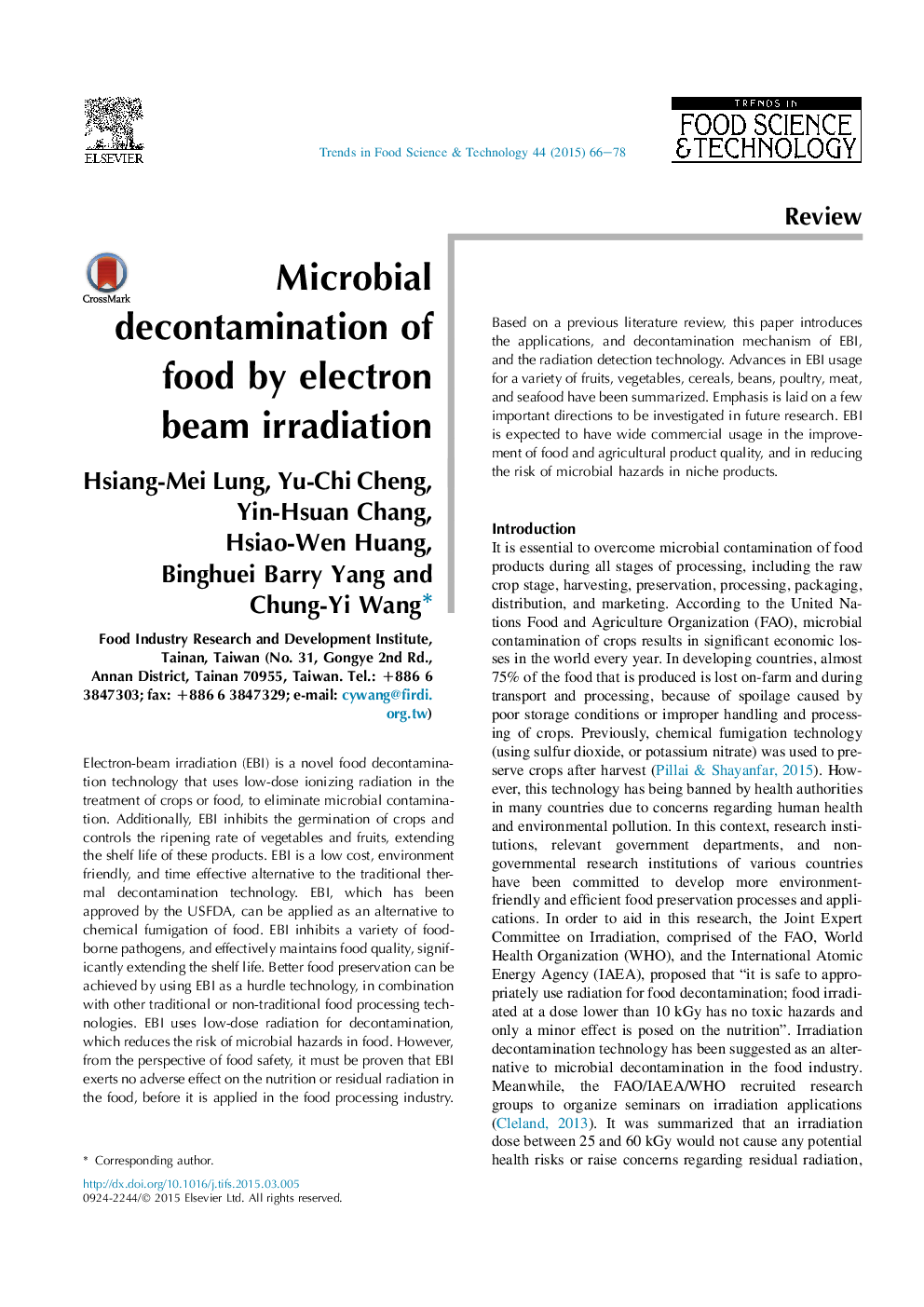 Microbial decontamination of food by electron beam irradiation