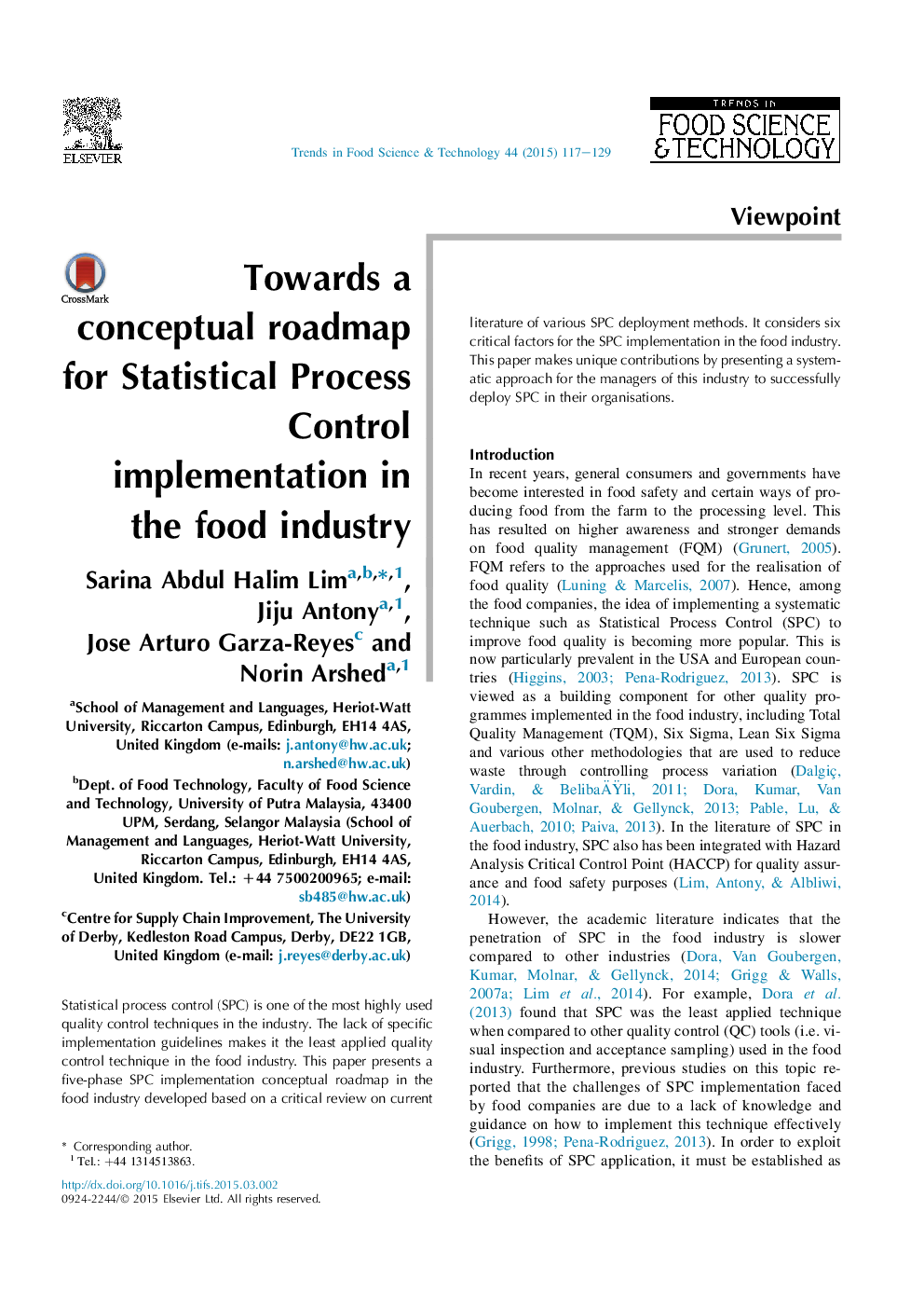 Towards a conceptual roadmap for Statistical Process Control implementation in the food industry