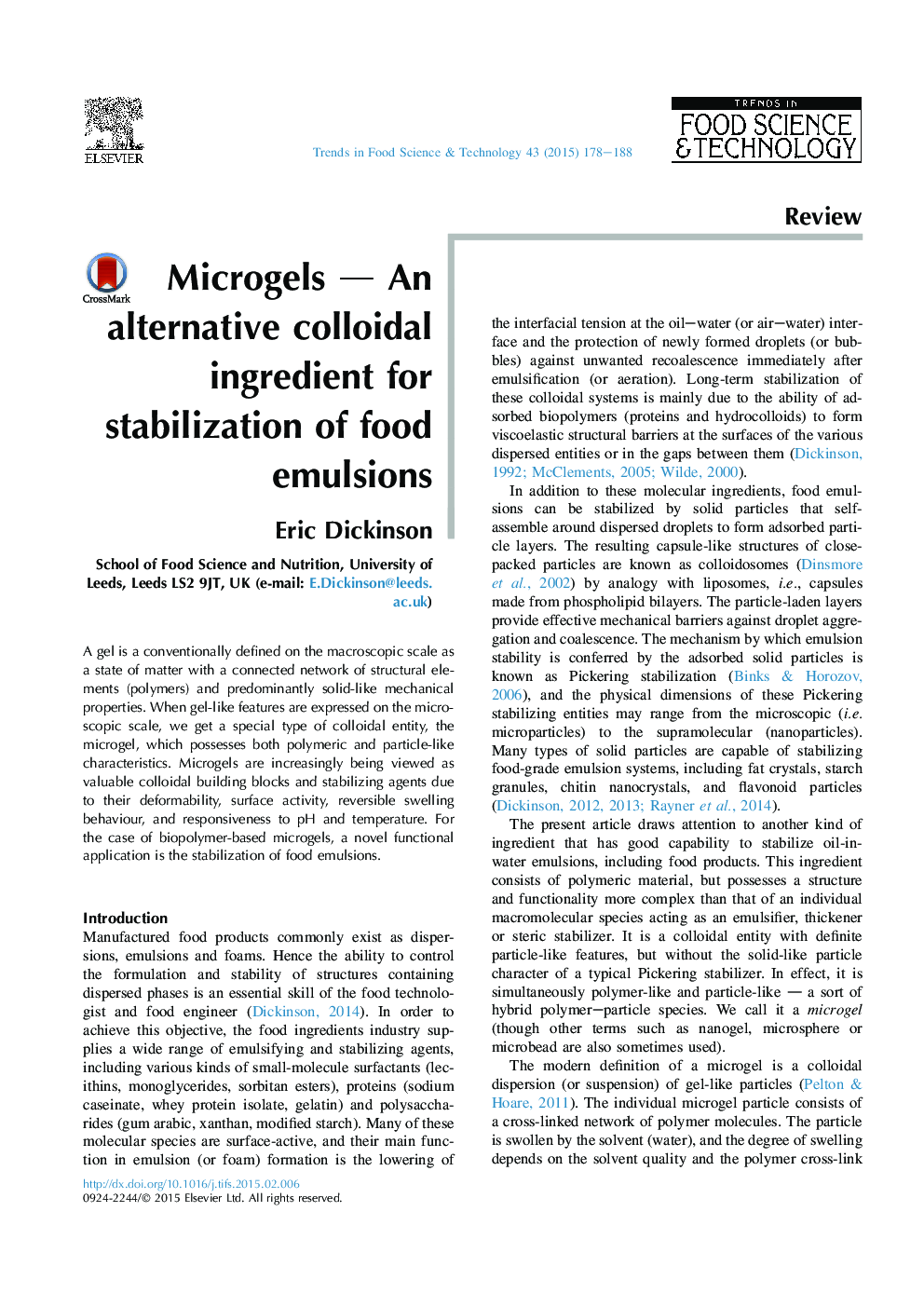 Microgels — An alternative colloidal ingredient for stabilization of food emulsions