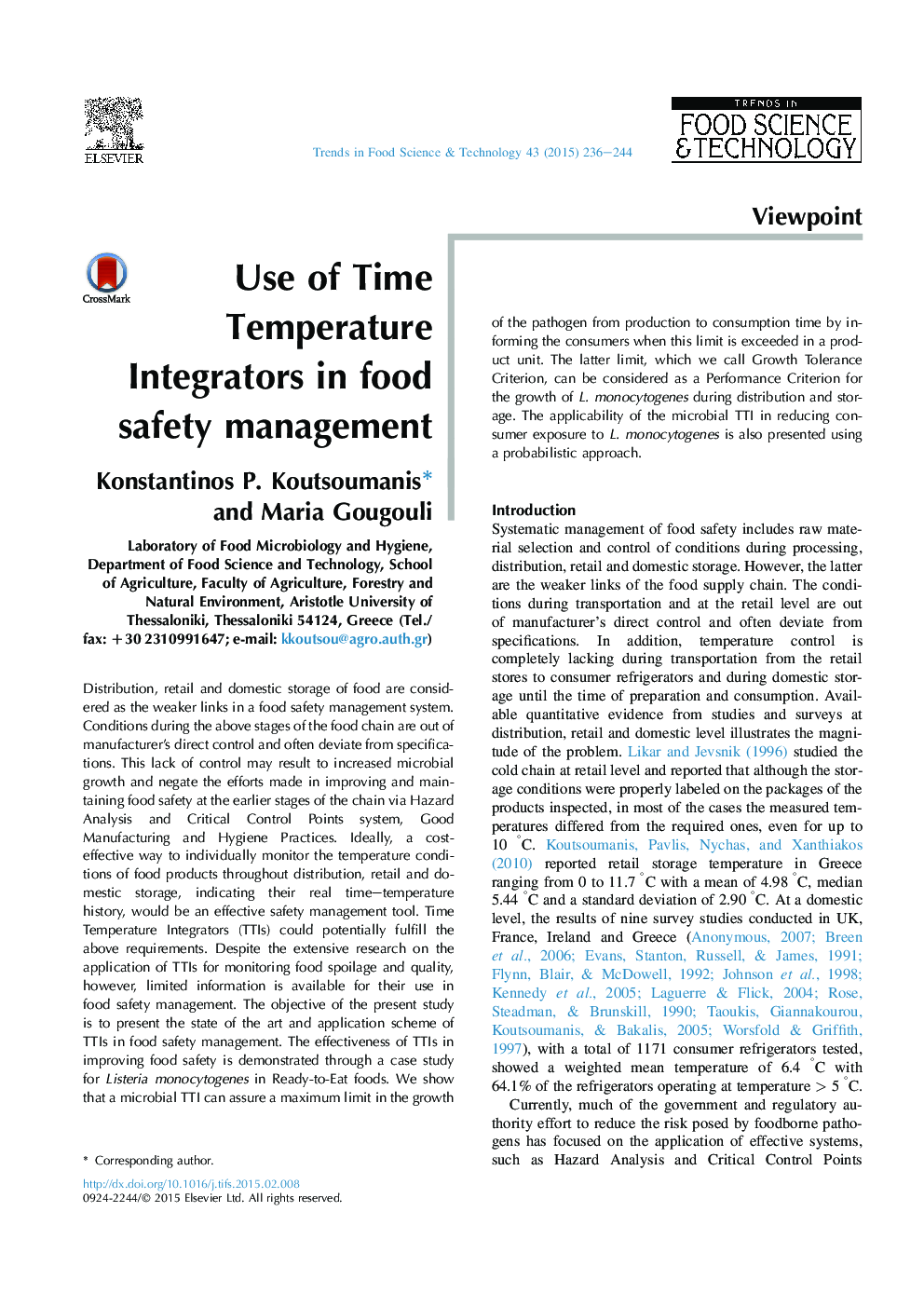 Use of Time Temperature Integrators in food safety management