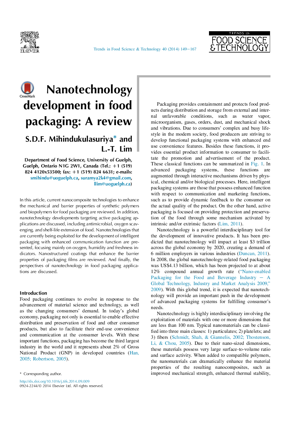 Nanotechnology development in food packaging: A review