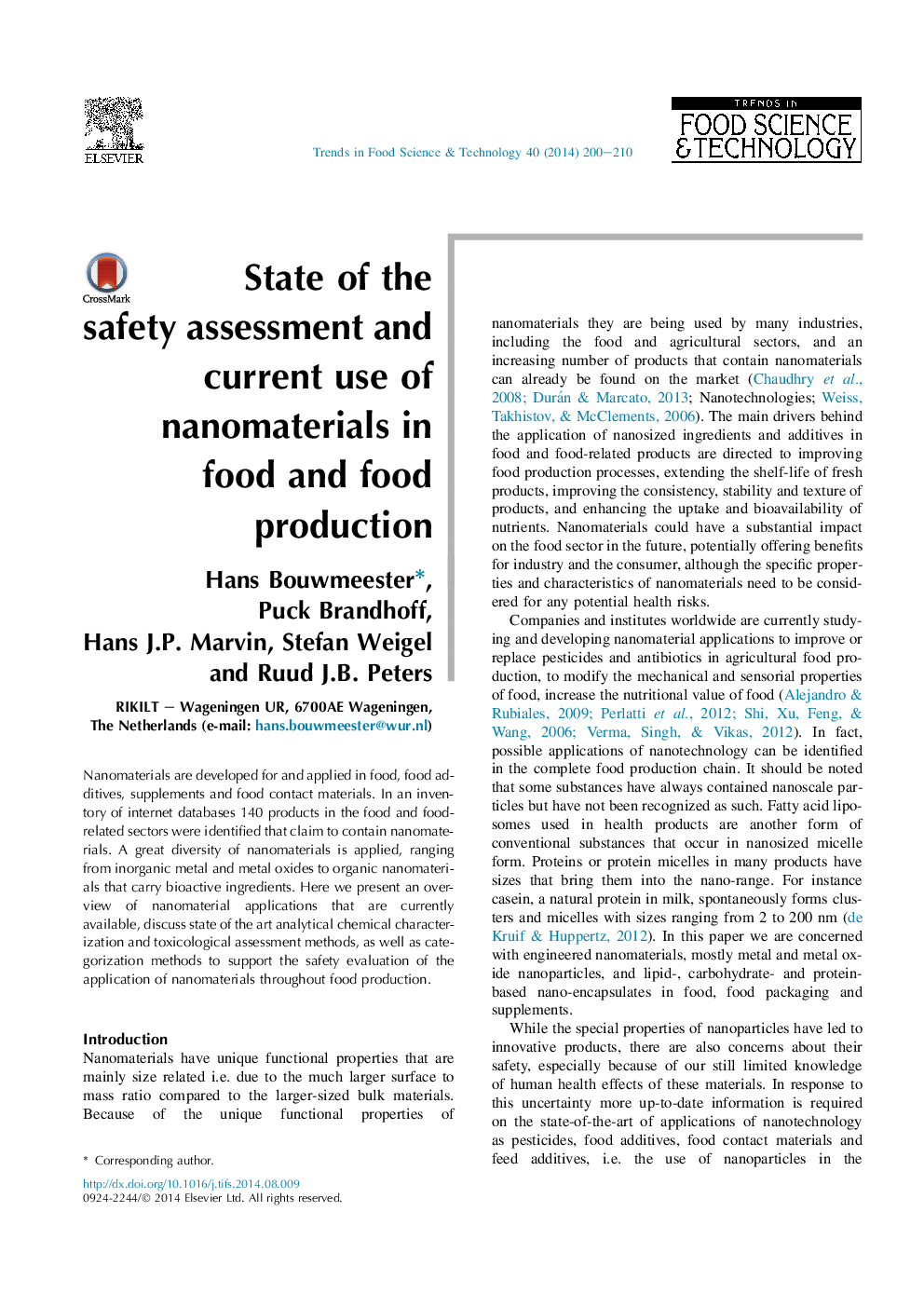 State of the safety assessment and current use of nanomaterials in food and food production