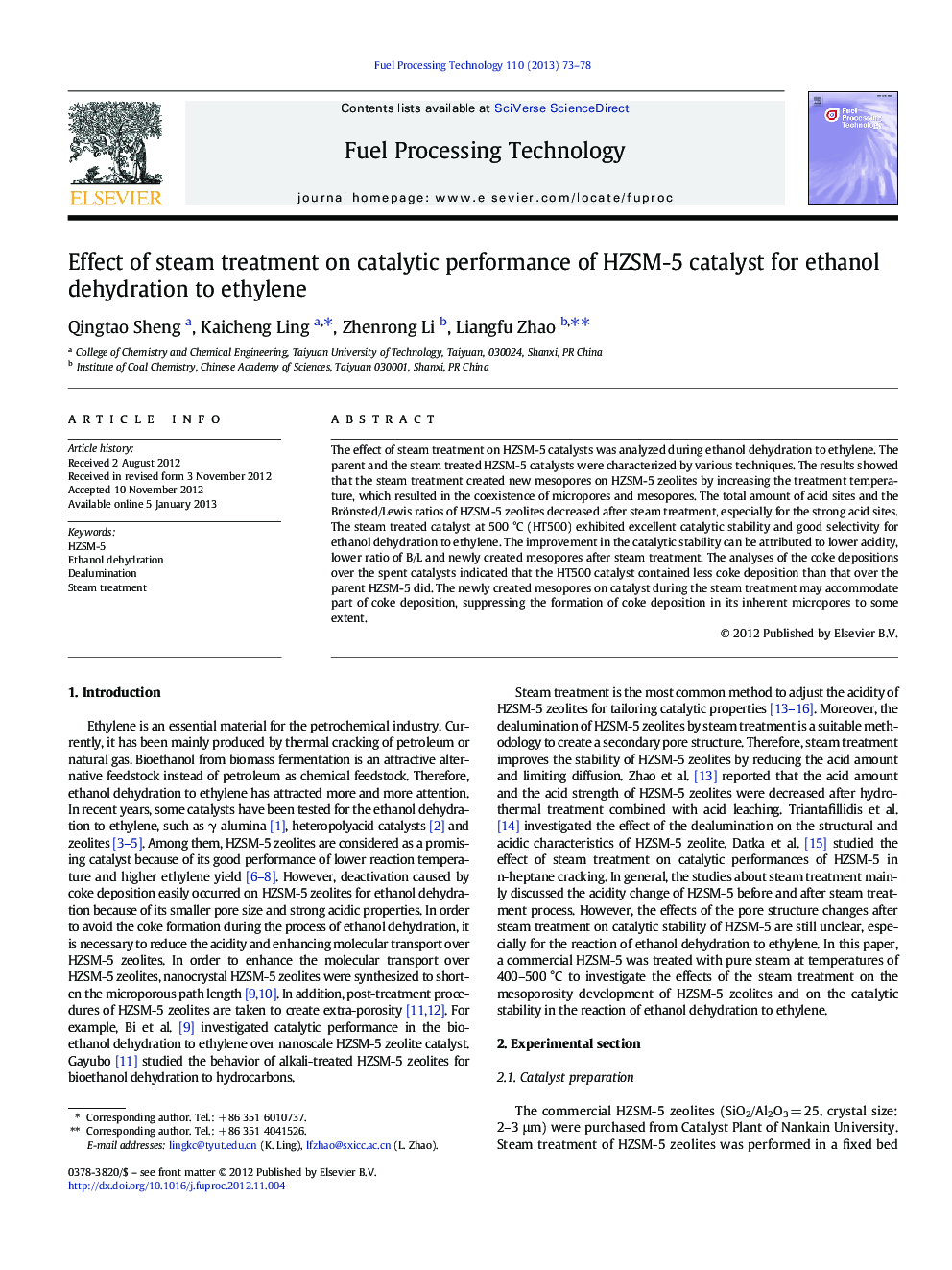 Effect of steam treatment on catalytic performance of HZSM-5 catalyst for ethanol dehydration to ethylene