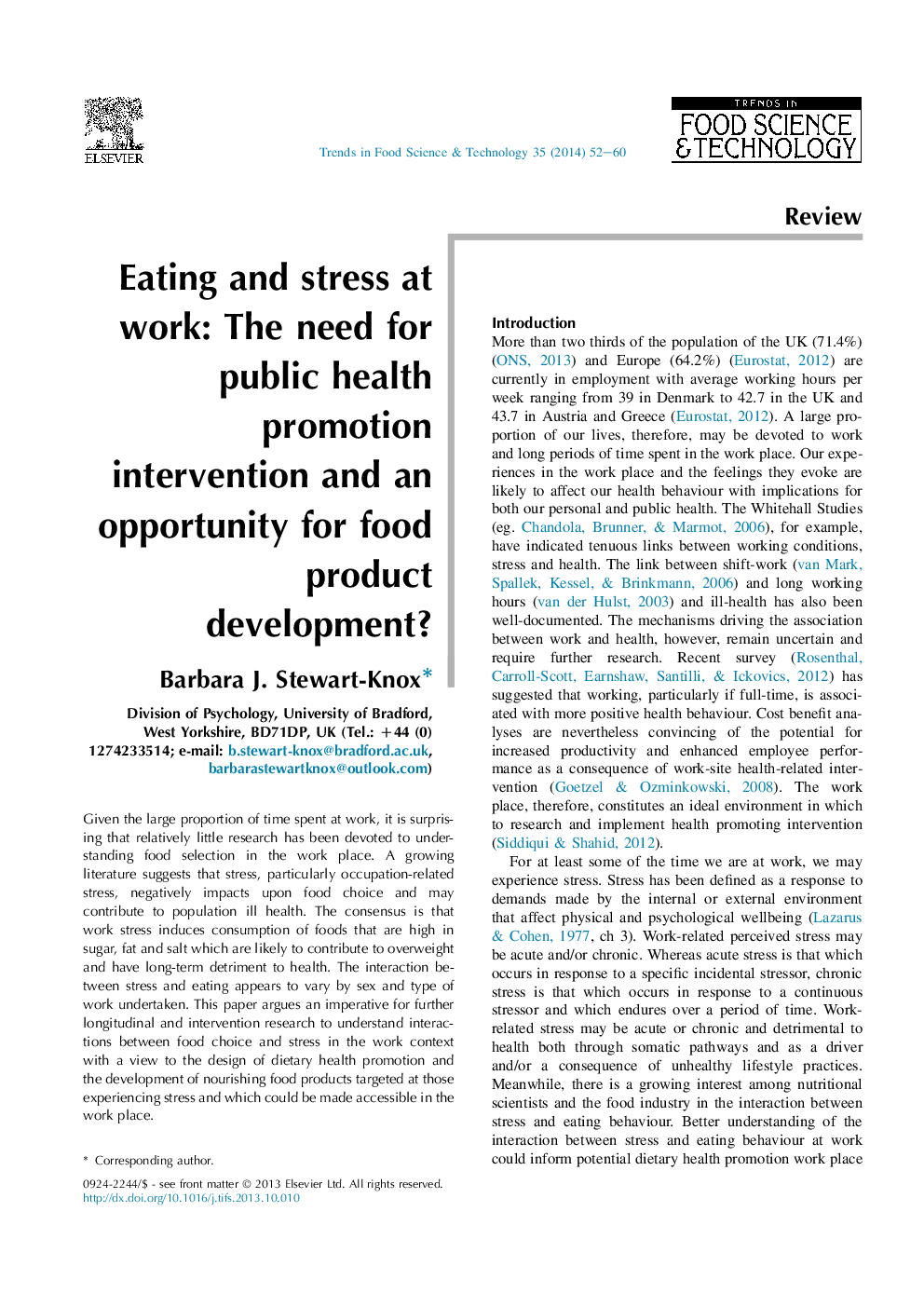 Eating and stress at work: The need for public health promotion intervention and an opportunity for food product development?
