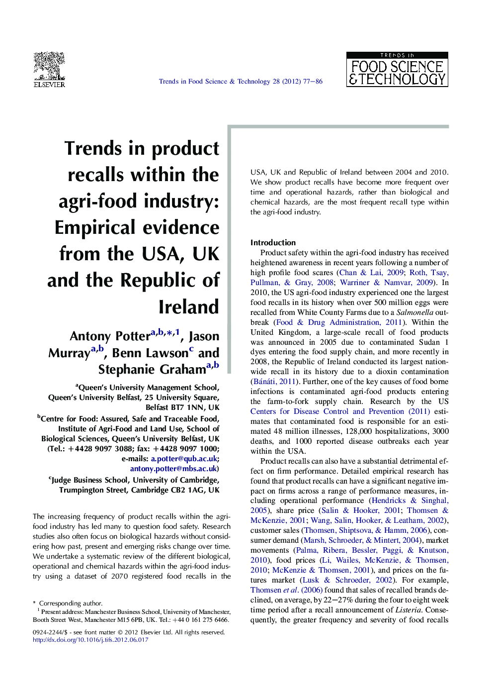 Trends in product recalls within the agri-food industry: Empirical evidence from the USA, UK and the Republic of Ireland