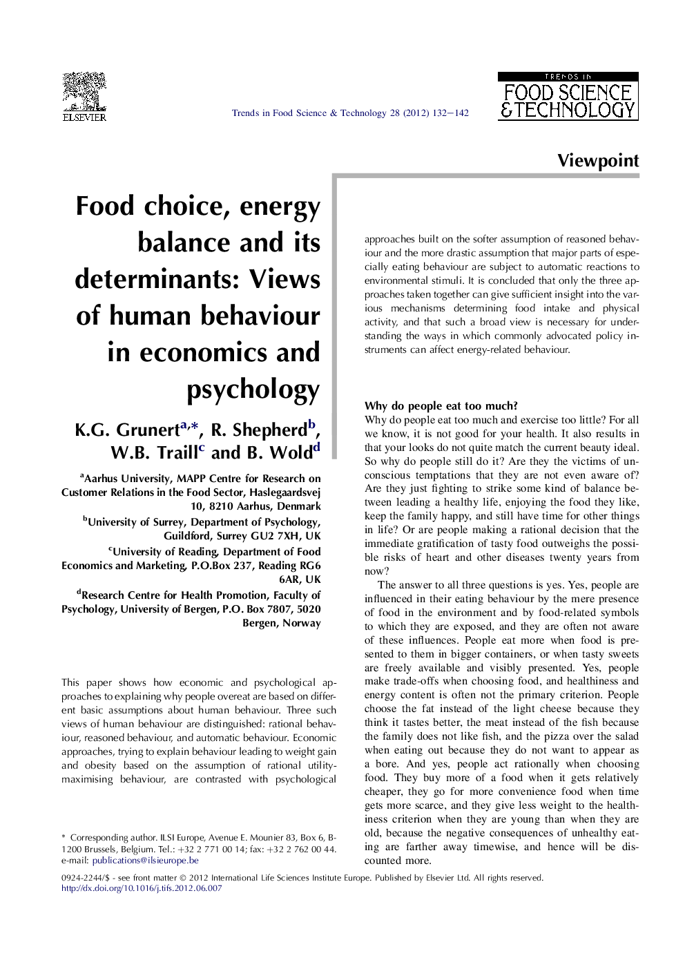 Food choice, energy balance and its determinants: Views of human behaviour in economics and psychology