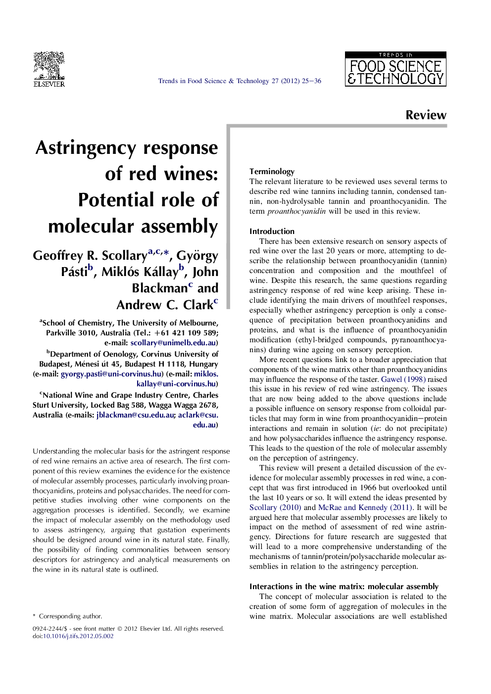 Astringency response of red wines: Potential role of molecular assembly