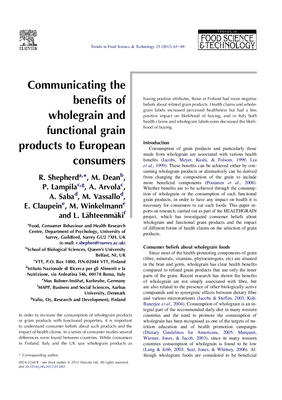 Communicating the benefits of wholegrain and functional grain products to European consumers