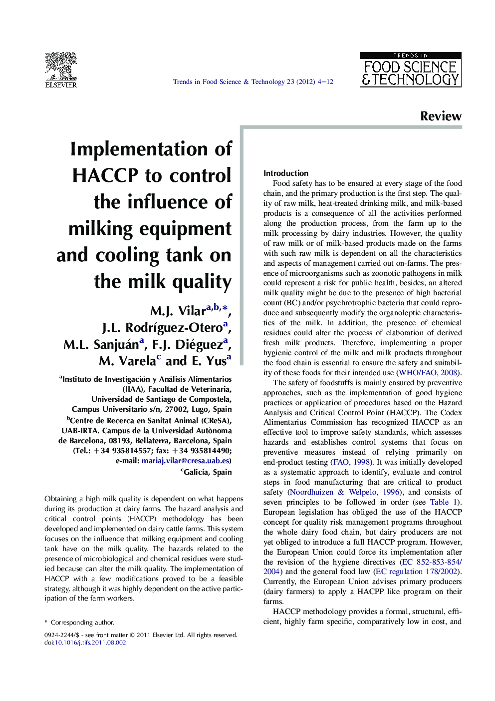 Implementation of HACCP to control the influence of milking equipment and cooling tank on the milk quality