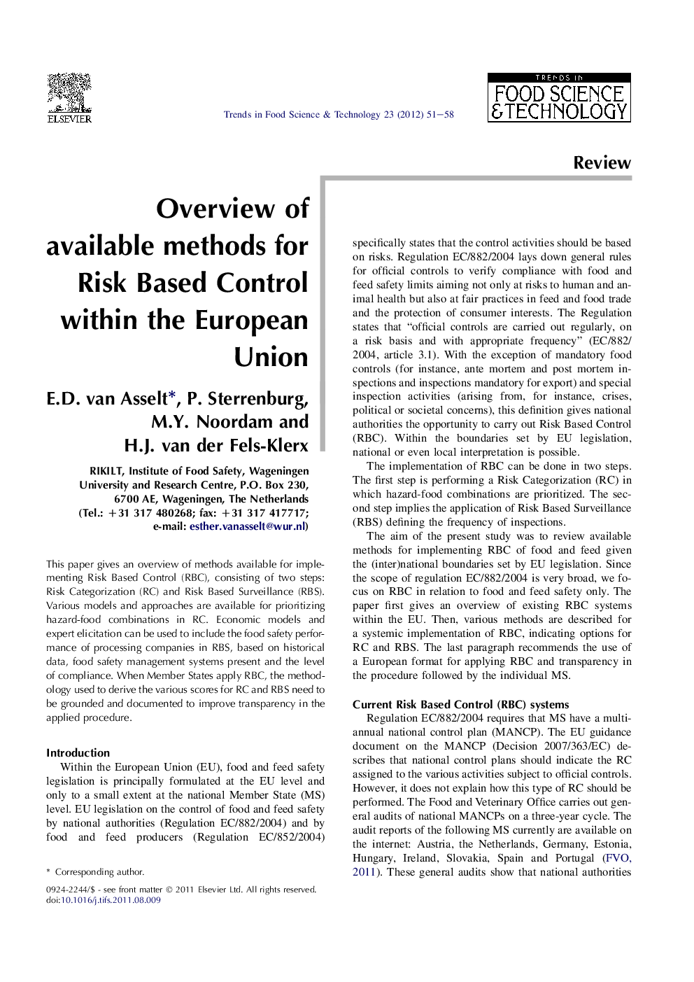 Overview of available methods for Risk Based Control within the European Union