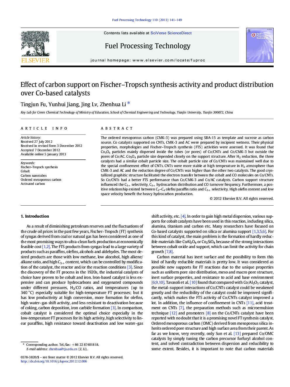 Effect of carbon support on Fischer–Tropsch synthesis activity and product distribution over Co-based catalysts