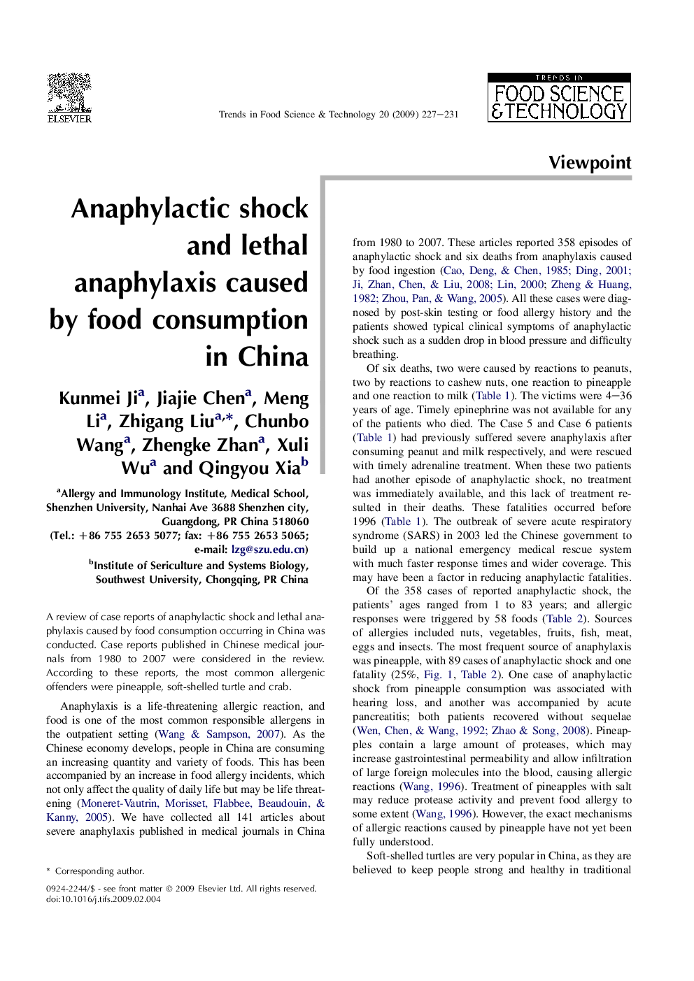 Anaphylactic shock and lethal anaphylaxis caused by food consumption in China