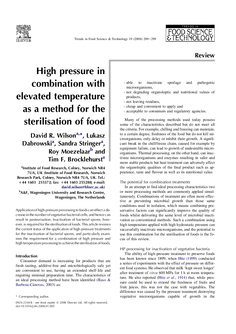 High pressure in combination with elevated temperature as a method for the sterilisation of food
