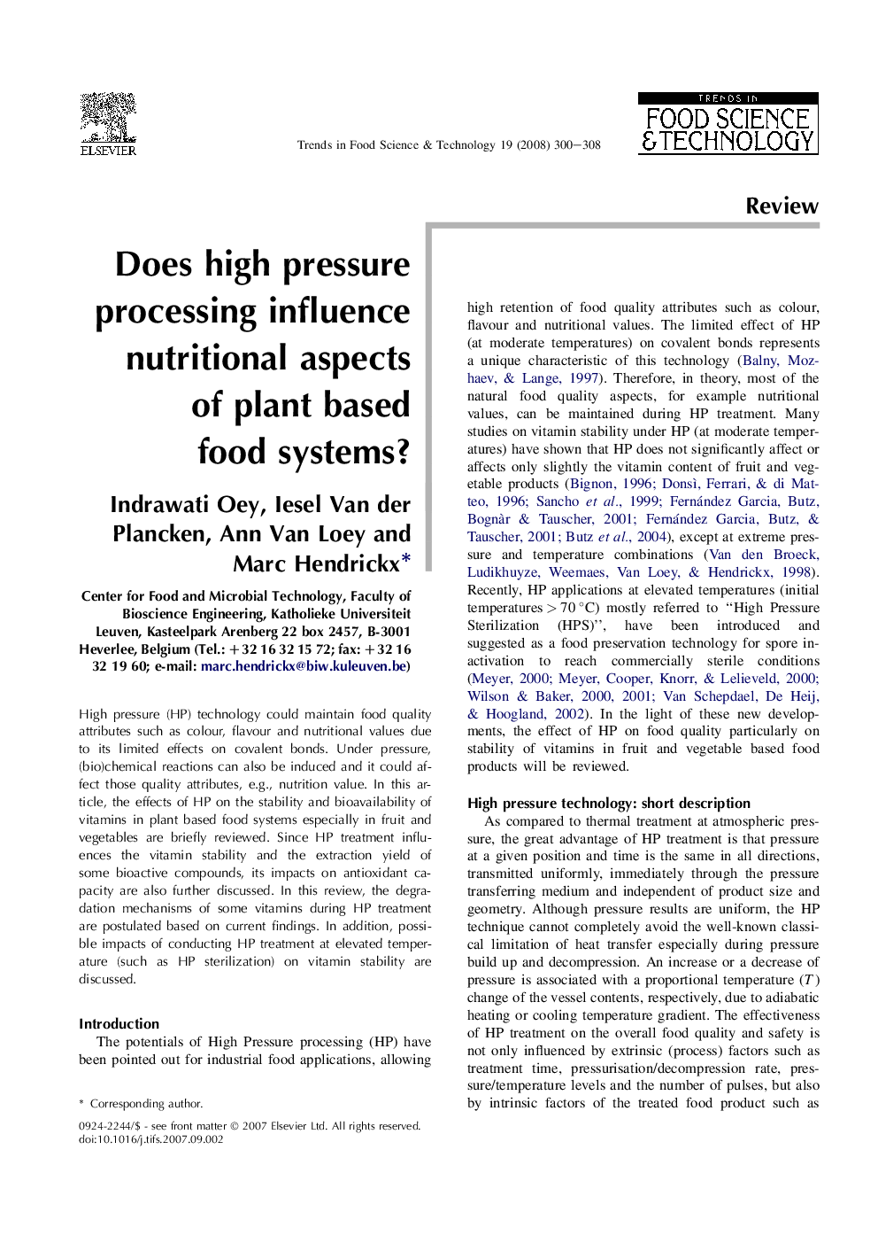 Does high pressure processing influence nutritional aspects of plant based food systems?