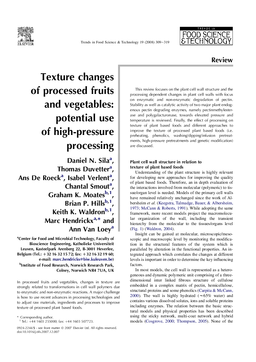 Texture changes of processed fruits and vegetables: potential use of high-pressure processing