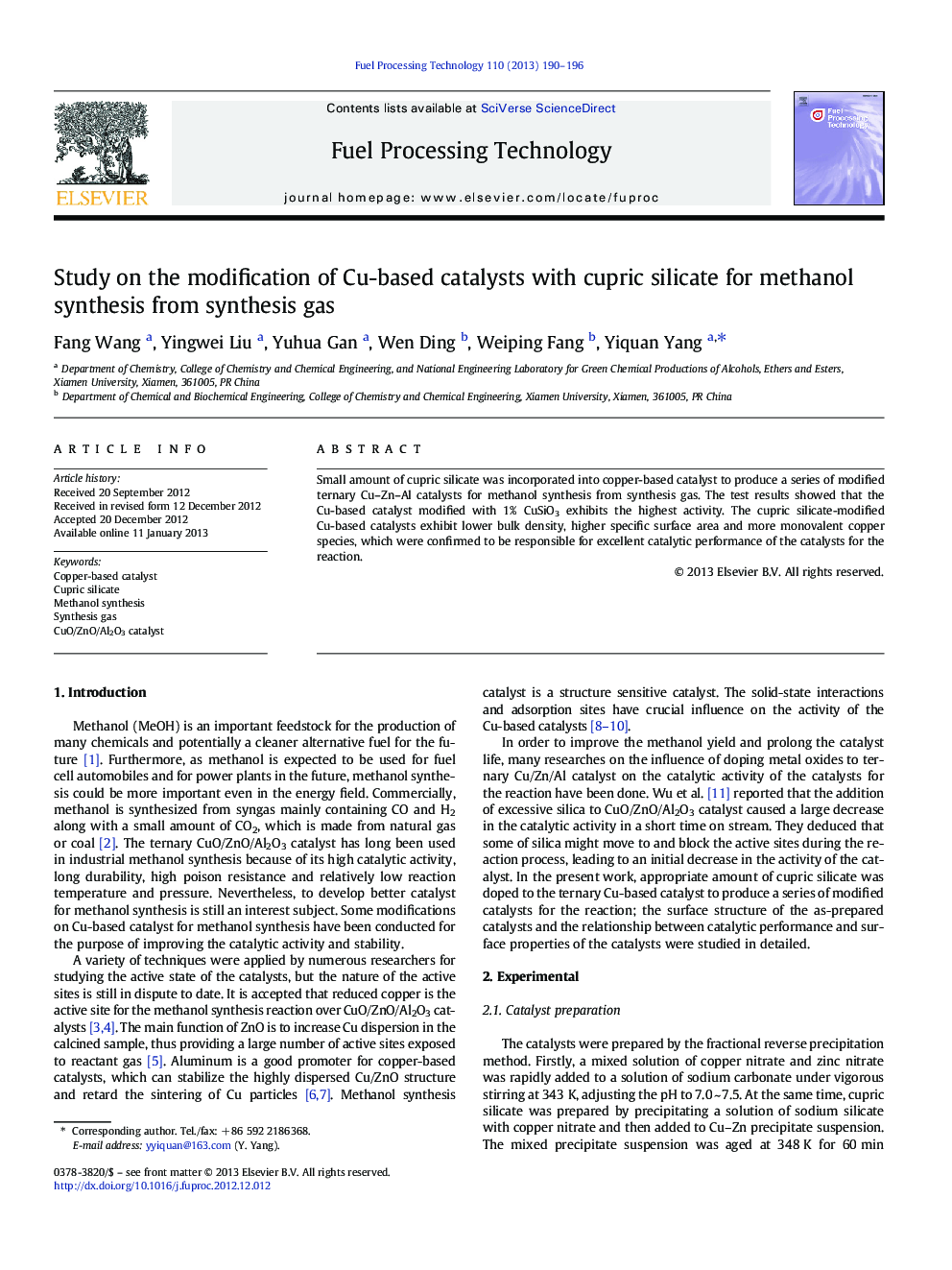 Study on the modification of Cu-based catalysts with cupric silicate for methanol synthesis from synthesis gas