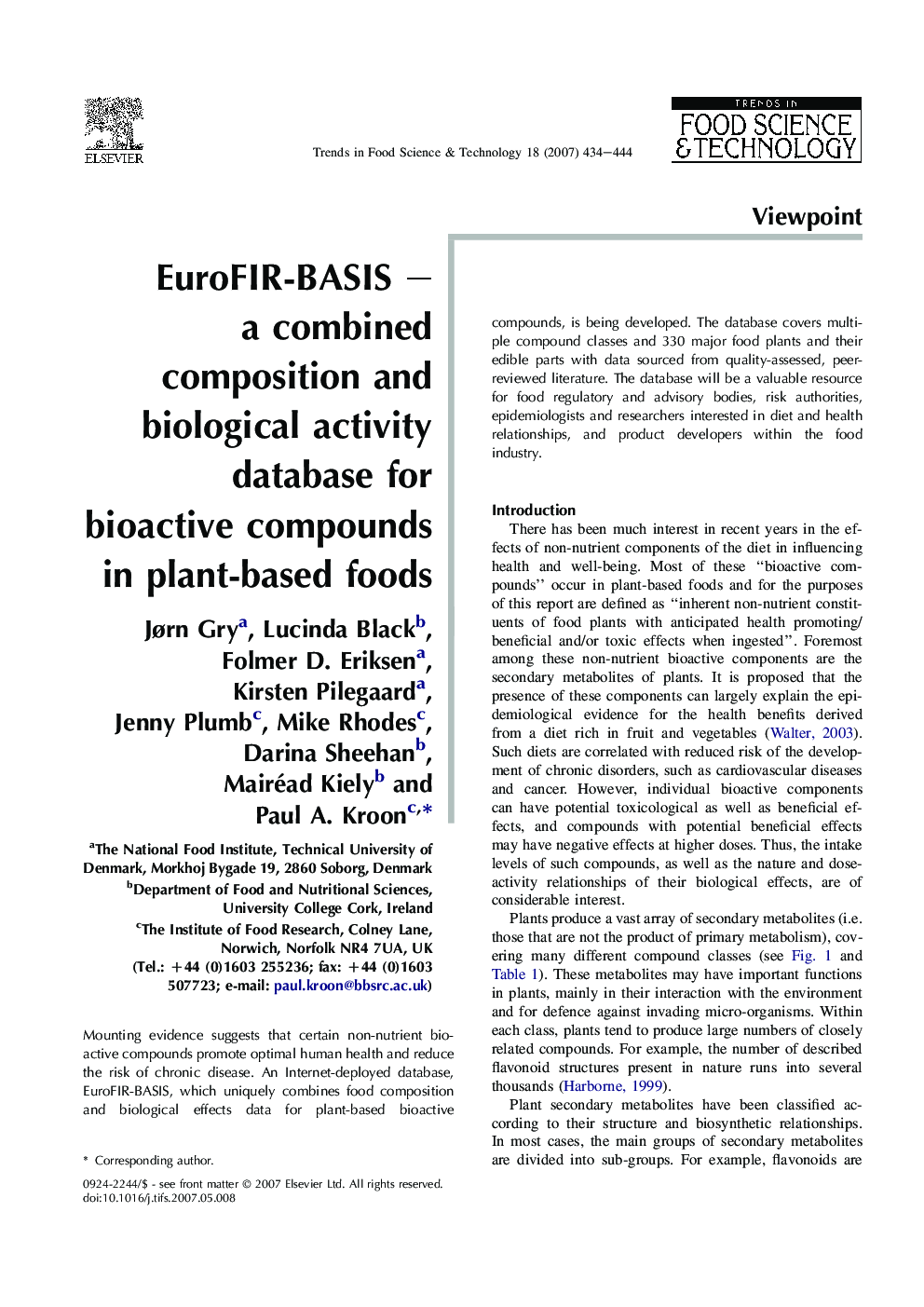 EuroFIR-BASIS – a combined composition and biological activity database for bioactive compounds in plant-based foods